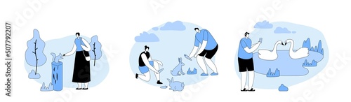People Relax on Nature, Spend Time in Park Feeding Wild Animals and Swans. Male Female and Characters Outdoors Leisure