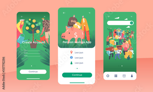 Pension Savings Mobile App Page Onboard Screen Template. Elderly Characters Grow Money Tree, Collect Coins and Banknotes