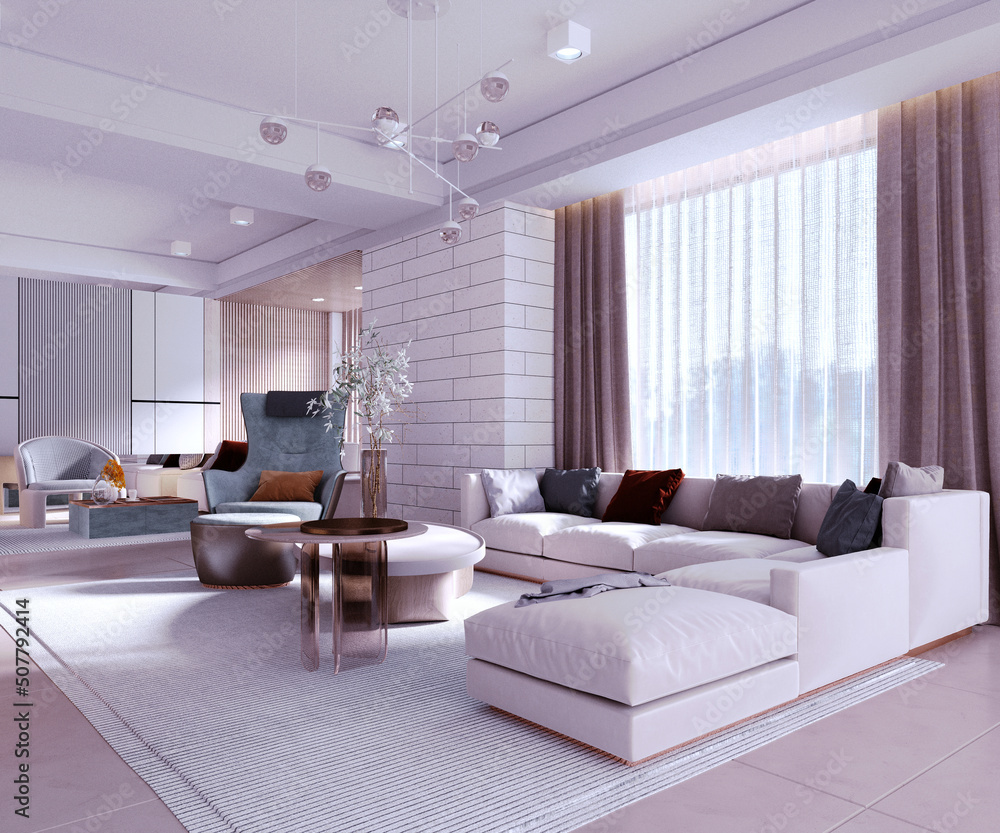 Fototapeta premium 3d rendering,3d illustration, Interior Scene and Mockup,Living room in modern style with a large sofa set in white, beige and brown tones.