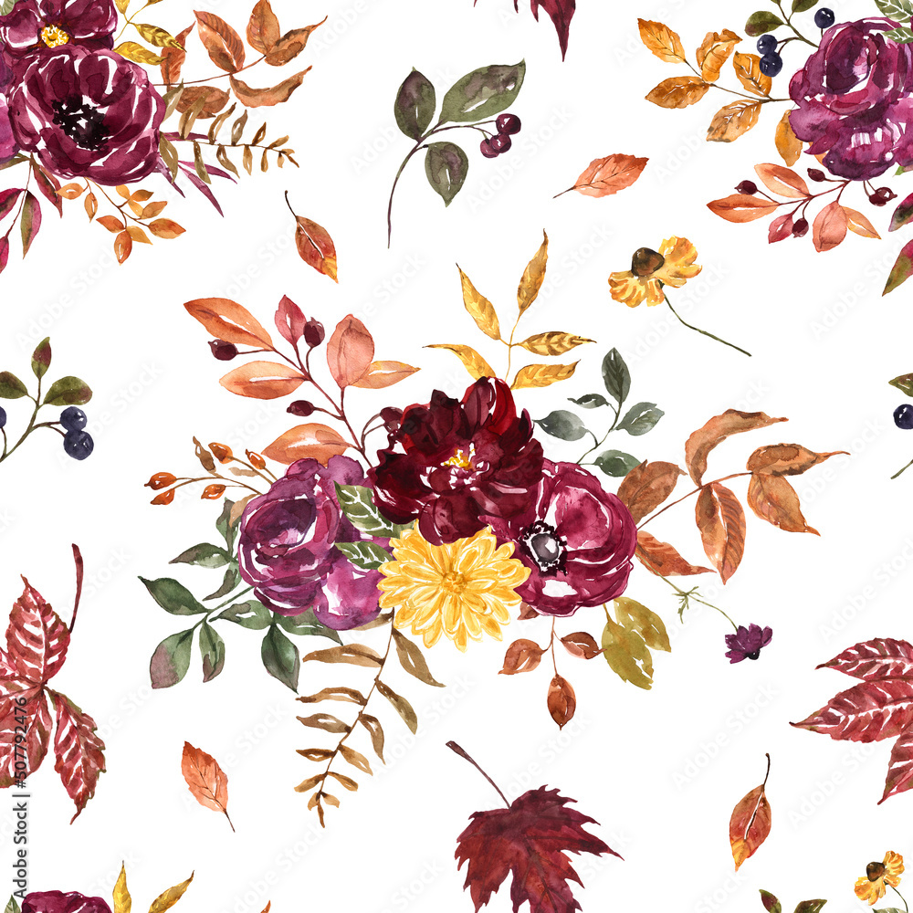 Watercolor autumn botanical seamless pattern on white background. Fall red, burgundy, purple flowers, dry orange leaves, berries print.