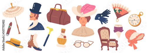 Set of 19th Century Items Umbrella, Cigar, Valise Bag, Pocket Watch and Glasses. Walking Cane, Hat, Boots and Gloves
