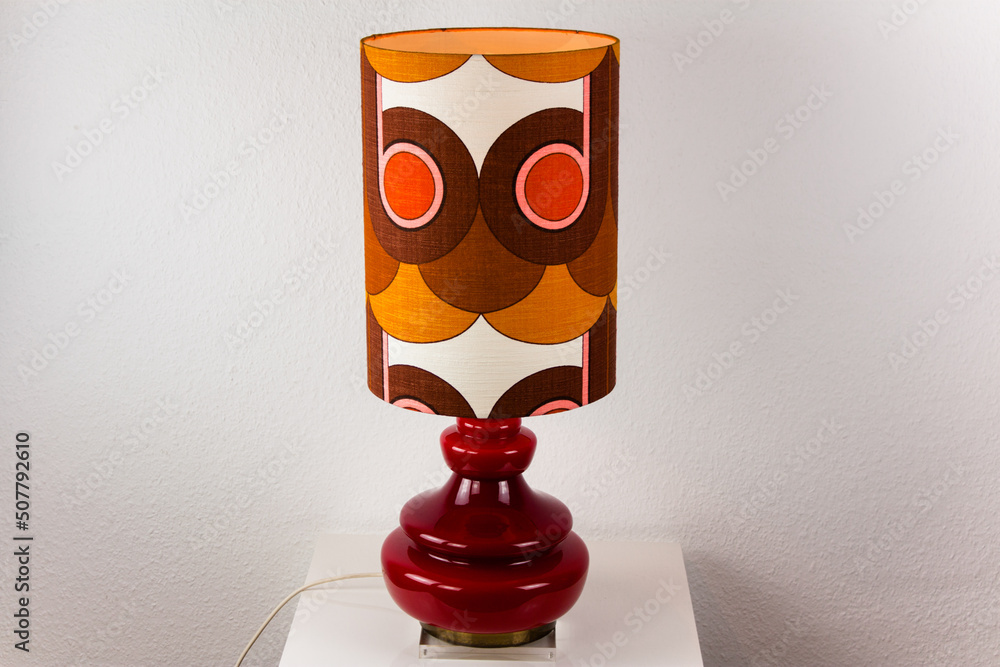 A 60s Modern Red Bedside Lamp With Glass Base And Fabric Lampshade