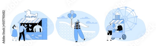 Characters Visit Amusement Park. People Relax in Public Place, Buy Fast Food in Booth, Shoot in Shooting Gallery
