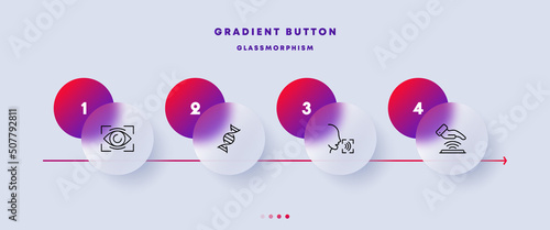 Authentication set icon. Face ID, eye and speech recognition, fingerprint, palm, naya, voice input. Biometric concept. Glassmorphism style. Vector line icon for Business and Advertising