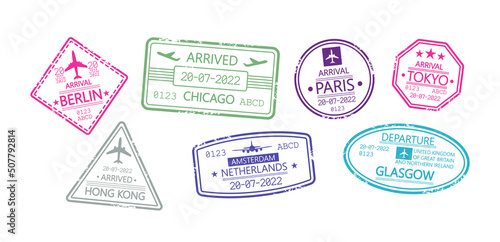 Set of International Travel Visa Rubber Stamps. Berlin, Chicago and Paris, Tokyo, Hong Kong and Netherlands or Glasgow