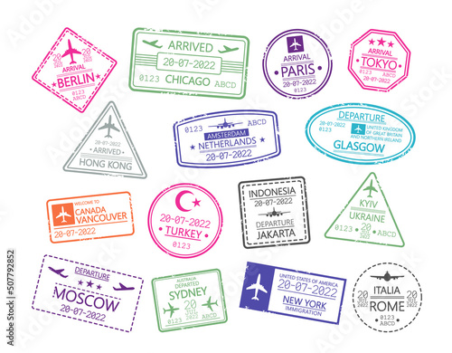 Set of Passport Stamps, Visa Travel Signs. Airport Control, Immigration, International Departure, Arrival Document