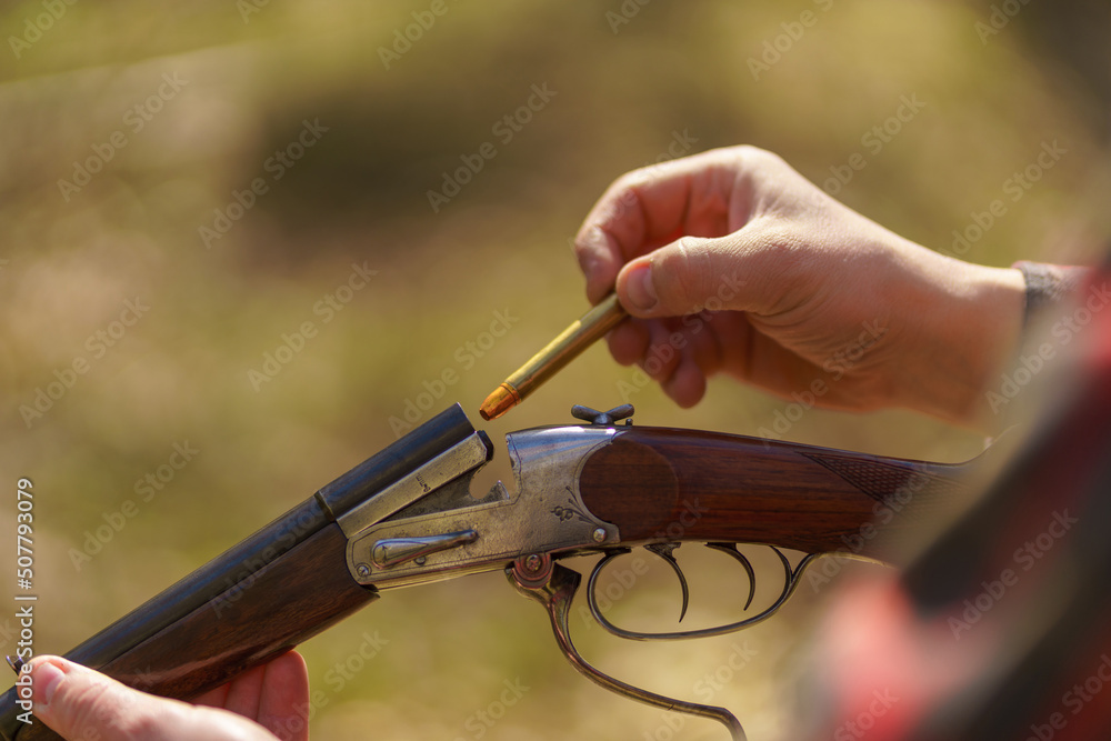 Close-up of hunter man charges the cartridge on rifle gun in forest. - obrazy, fototapety, plakaty 