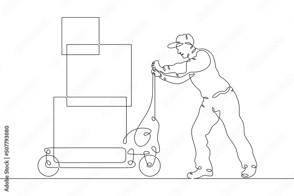 One continuous line.Porter.The loader carries boxes on a cart.The loader delivers the goods in boxes. Transportation and shipping. The loader carries the boxes.One continuous line is drawn on a white 