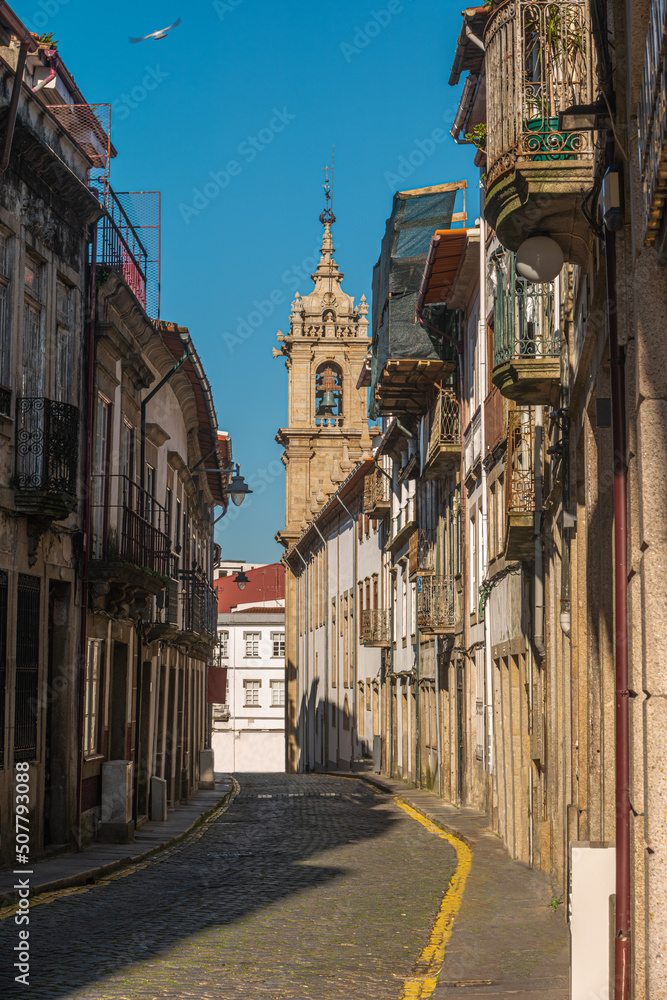 Streets in the historical old town center of Braga, Portugal, Norte region, summer evening
