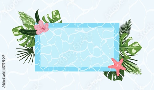 Blank summer tropical template with water, tropical leaves, flower and sea star.  photo