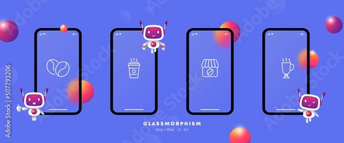 Cafe set icon. coffee beans, drink, coffee house, latte, cappuccino, americano, cup, glass, barista. Java concept. Glassmorphism. UI phone app screen. Vector line icon for Business and Advertising