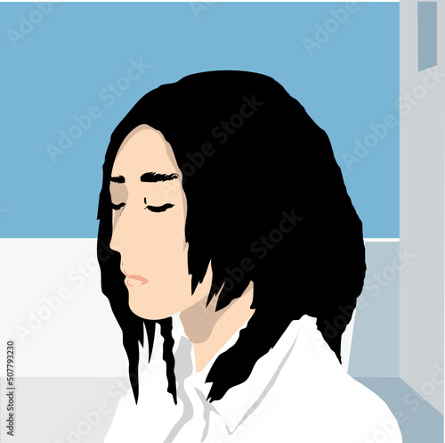 portrait of an Asian woman wearing white shirt with thick black hair, outside a white building under a blue sky, vector