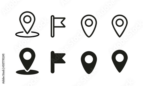 Geolocation set icon. Pointer, route, map, flaf, location, navigation, cartography and topography. Gps concept. Vector line icon for Business and Advertising