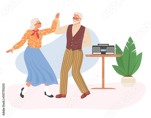 Happy old couple dancing flat vector illustration