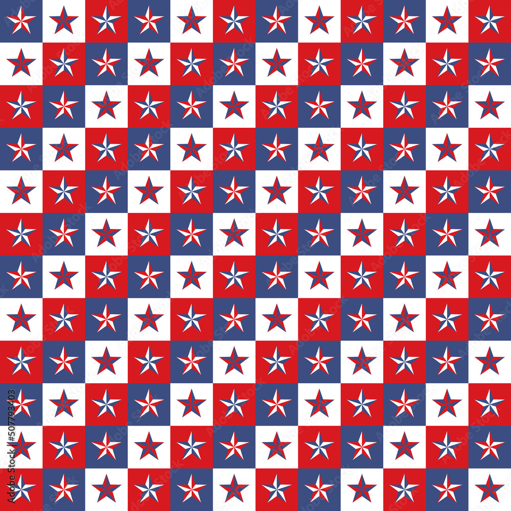 Seamless pattern with stars in geometric grid. Vintage national or patriotic holiday template background. Red white blue color palette mosaic