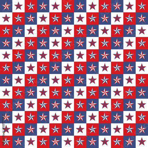 Seamless pattern with stars in geometric grid. Vintage national or patriotic holiday template background. Red white blue color palette mosaic