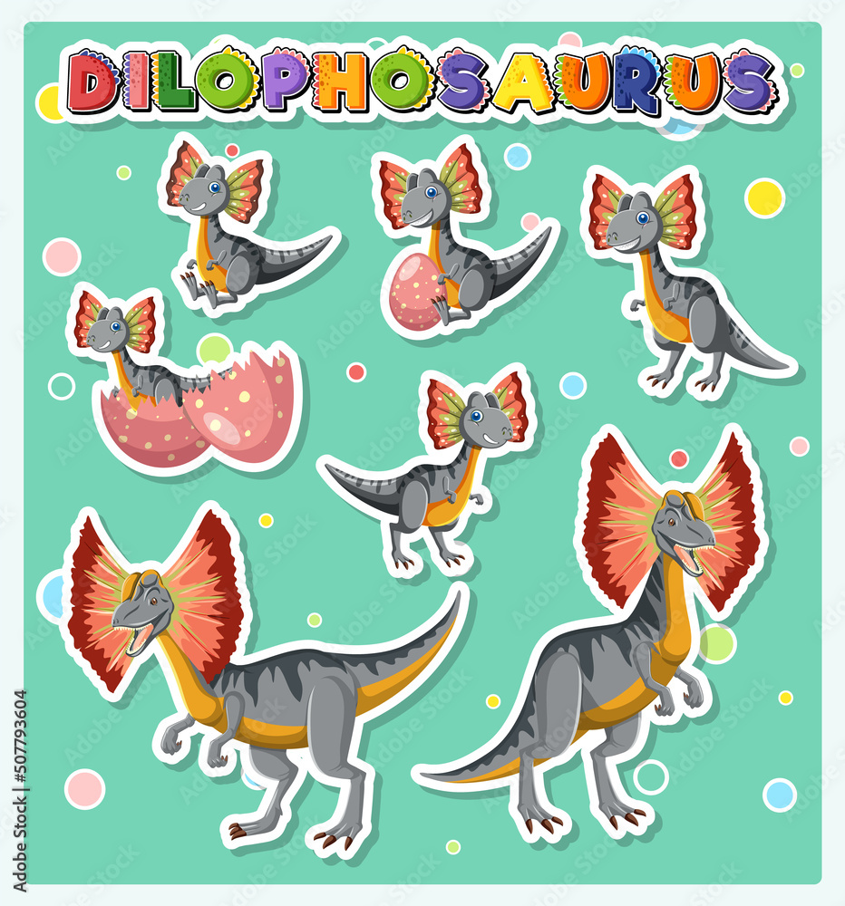 Set of cute dilophosaurus dinosaur cartoon characters