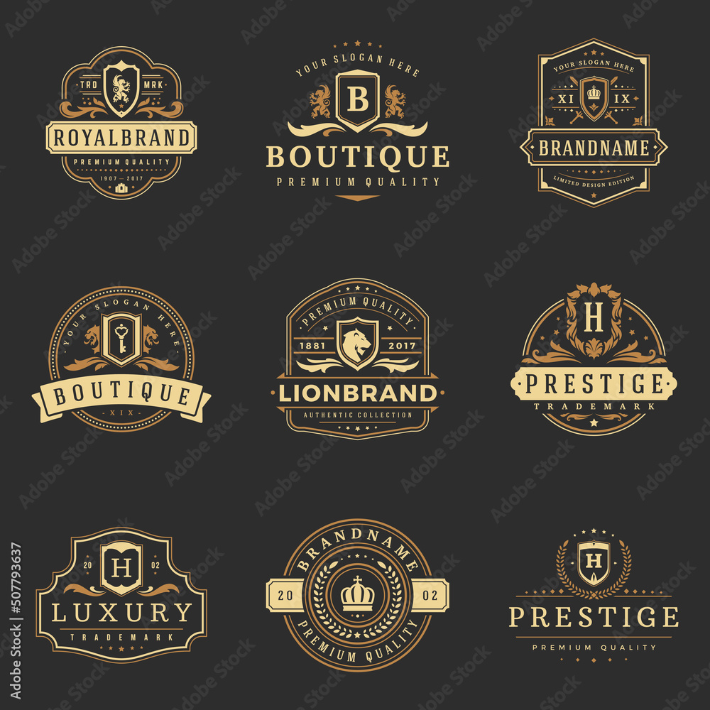 Luxury monograms logos templates vector objects set for logotype or badge design. Trendy vintage royal ornament frames illustration, good for fashion boutique, alcohol or hotel brand.