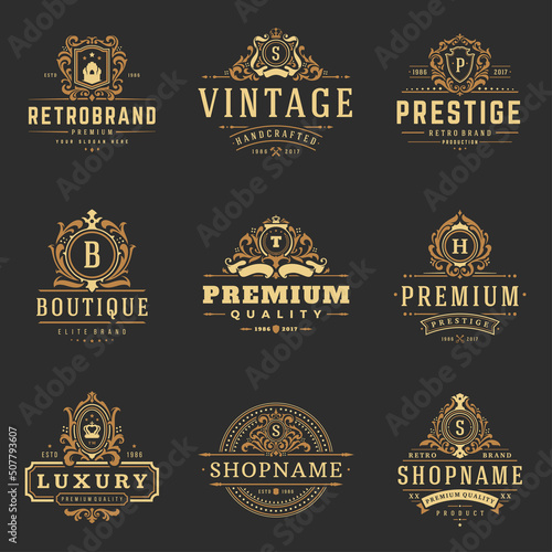 Luxury monograms logos templates vector objects set for logotype or badge design. Trendy vintage royal ornament frames illustration, good for fashion boutique, alcohol or hotel brand.