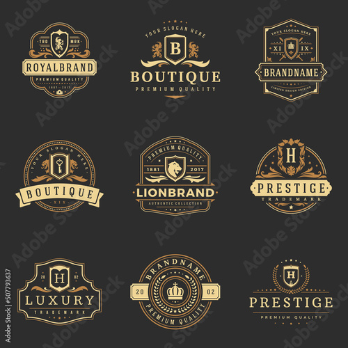 Luxury monograms logos templates vector objects set for logotype or badge design. Trendy vintage royal ornament frames illustration, good for fashion boutique, alcohol or hotel brand.