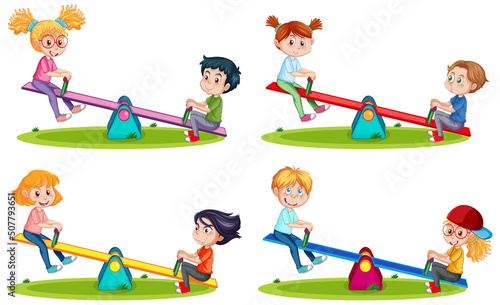 Children playing seesaw cartoon