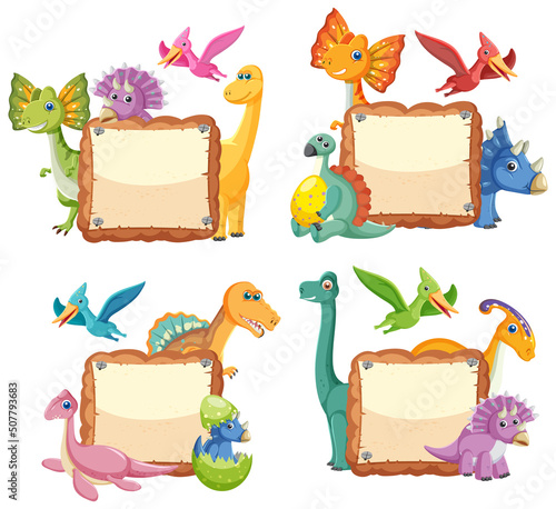 Empty board with cute dinosaurs cartoon characters