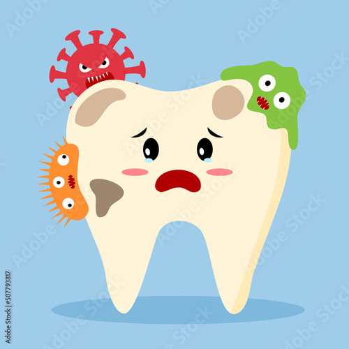 Caries tooth with bacteria cartoon in flat design. Dental cavity problem.