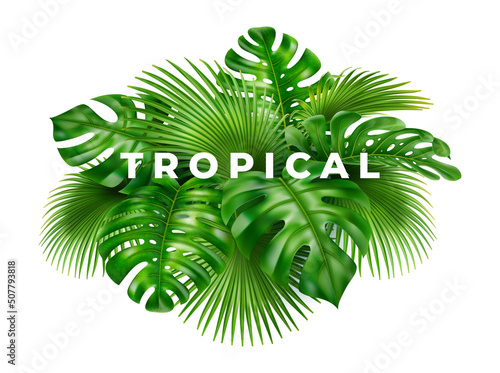 3D realistic background of green tropical leaves. Vector illustration of bushes and tree branches, vibrant paradise floral backdrop. Summer holiday decor, floral card, poster or banner design