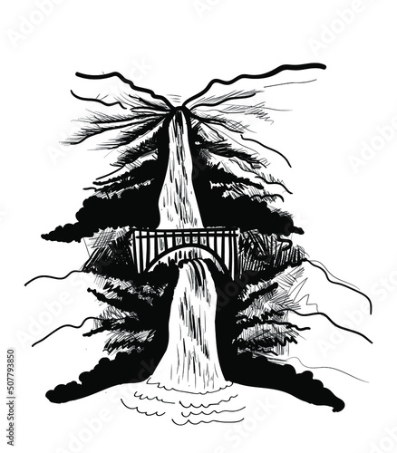 waterfall in mountains landscape with bridge, hand drawn vector outline  drawing