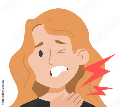 Woman suffers from neck stiffness vector isolated. Pain in the neck, symptom of disease. Problems with health.