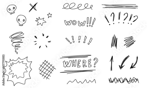 Doodle tornado, nature, arrow, stars, skull, text. Sketch set cute isolated line collection.