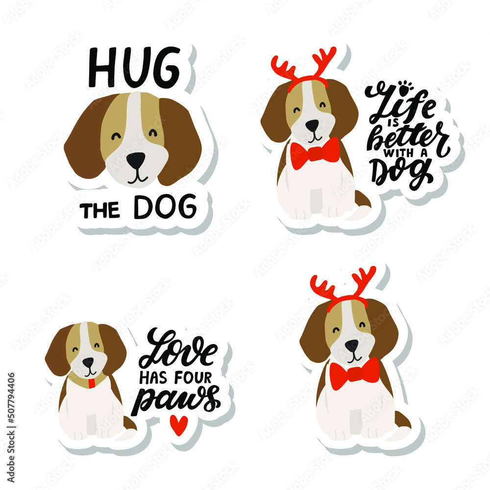 Cute cartoon beagle sitting. Beagle dog face with hand lettering dog lovers quotes. Christmas dog. Printable stickers set. 