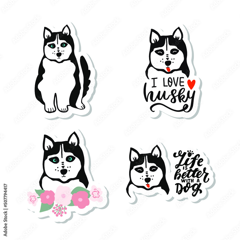 Cute cartoon hasky sitting. Hasky dog face with hand lettering dog lovers quotes. Printable stickers set. Cute cartoon hasky sitting. Hasky dog face with hand lettering dog lovers quotes. Printable stickers set.