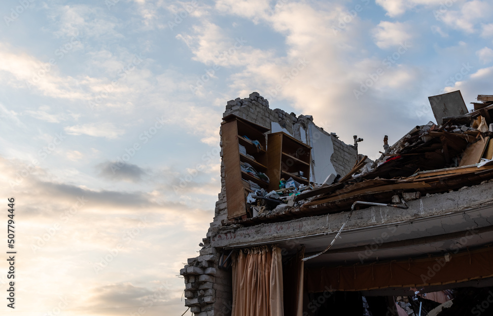Destroyed school building as a result of bomb attack by Russian troops. Ukraine, Zhytomyr, May 7, 2022
