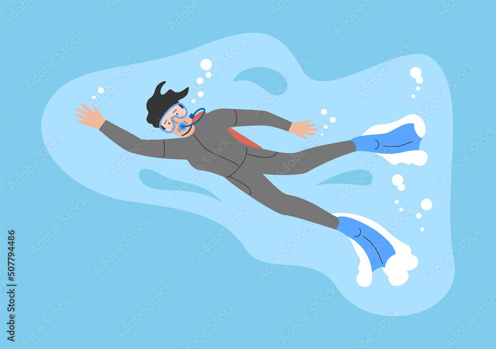 Concept of Physical Activity, Healthy Lifestyle And Playing Sport. Happy Guy in Diving Suit, Fins And Mask Swimming Underwater. Professional Diver Swimming Underwater. Cartoon Flat Vector Illustration