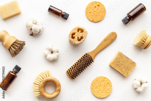 Set of bathing accessories and products with shower sponge and pumice