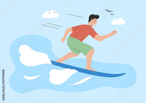 Concept of Physical Activity, Healthy Lifestyle And Playing Sport. Happy Guy Is Swimming On Surfboard On The Waves. Professional Surfer On Surfboard Or Paddleboard. Cartoon Flat Vector Illustration