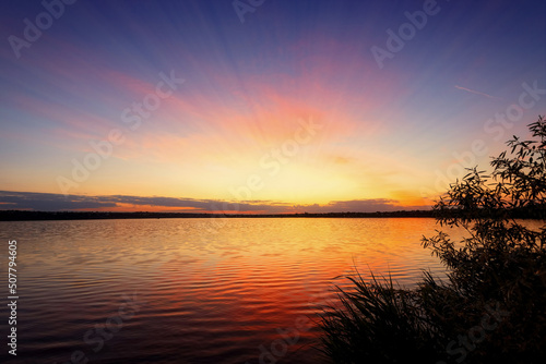 Sunrise over the lake, with a silhouette of a tree and reeds © pobaralia