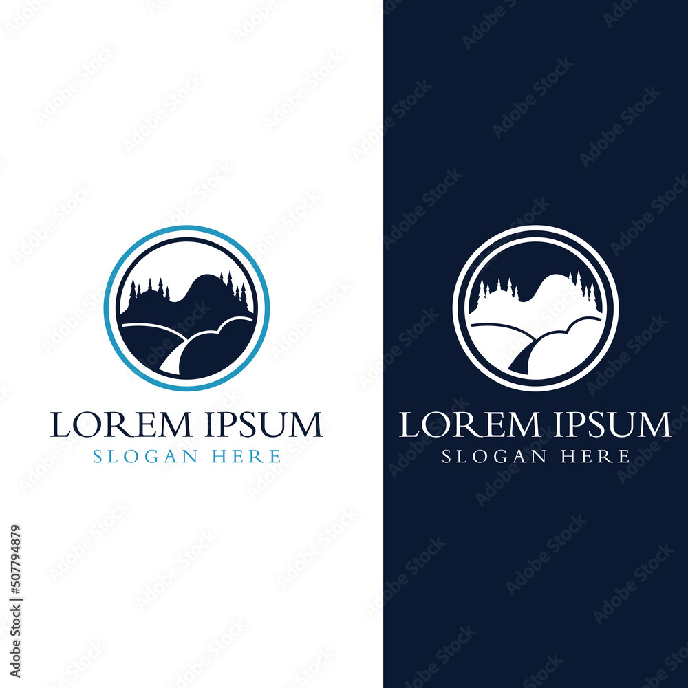 Obraz premium Logos of rivers, creeks, riverbanks and streams. River logo with combination of mountains and farmland with concept design vector illustration template.
