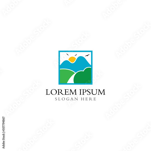 Logos of rivers, creeks, riverbanks and streams. River logo with combination of mountains and farmland with concept design vector illustration template.