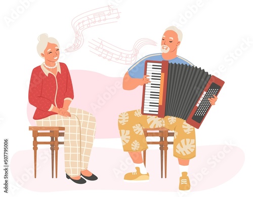 Old senior people singing flat vector illustration