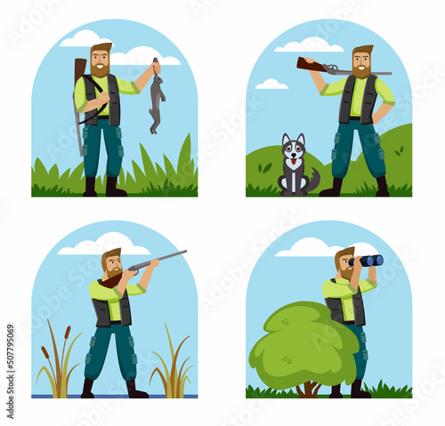 hunters. male characters with weapons hunting a duck. Vector cartoon characters with guns