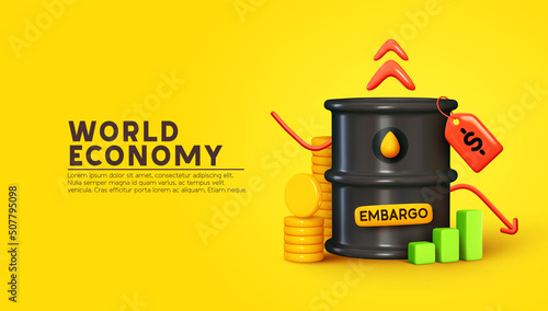 Embargo on oil. Creative concept world economy. Oil industry business news and price charts. financial investments. Exchange shares per barrel. Realistic 3d design. Vector illustration