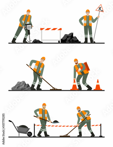 road repair. urban professional workers making highway barricade with safety cone. Vector pictures in cartoon style