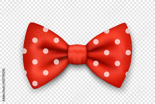 Vector 3d Realistic Polka Dot Red Textured Bow Tie Icon Closeup Isolated. Silk Glossy Bowtie, Tie Gentleman. Mockup, Design Template. Bow tie for Man. Mens Fashion, Fathers Day Holiday