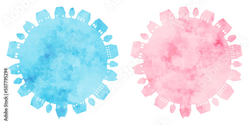 watercolor hand drawn houses silhouette illustration, small planet (blue and pink)