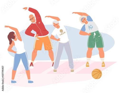Old people doing exercise with trainer vector