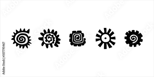 Set of abstract sun symbols. Hand drawn picture of primitive tribes. Vector illustration in ethnic style