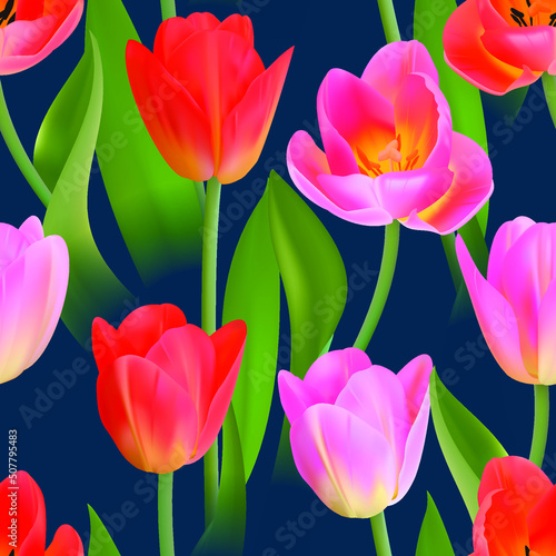 Floral Seamless tulip with leaves pattern on a beautiful background. High realism  vector  spring flowers for fabric  prints  decorations  invitation cards.
