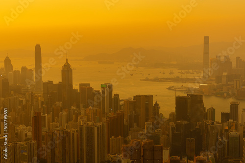 Skyline of Hong Kong city under sunset